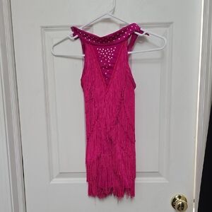 Hot Pink Fringe Dance Dress with Rhinestone Back